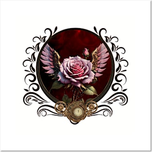 Wonderful steampunk rose with wings. Posters and Art